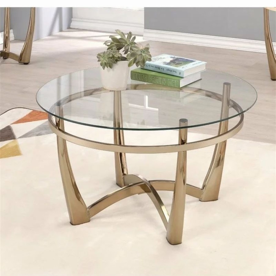 Coffee & Accent Tables * | Acme Furniture Acme Orlando Ii Round Glass Top Coffee Table In Champagne