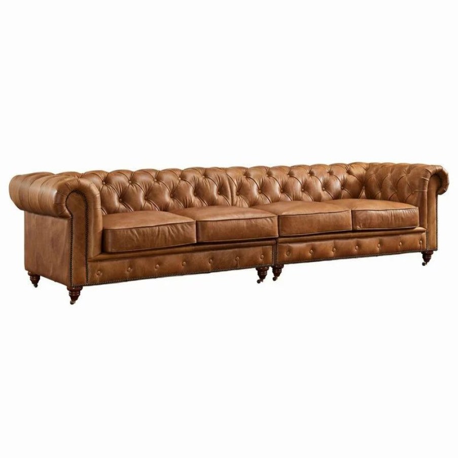 Sofas & Sectionals * | Crafters And Weavers Century Chesterfield Sofa Light Brown Leather 118