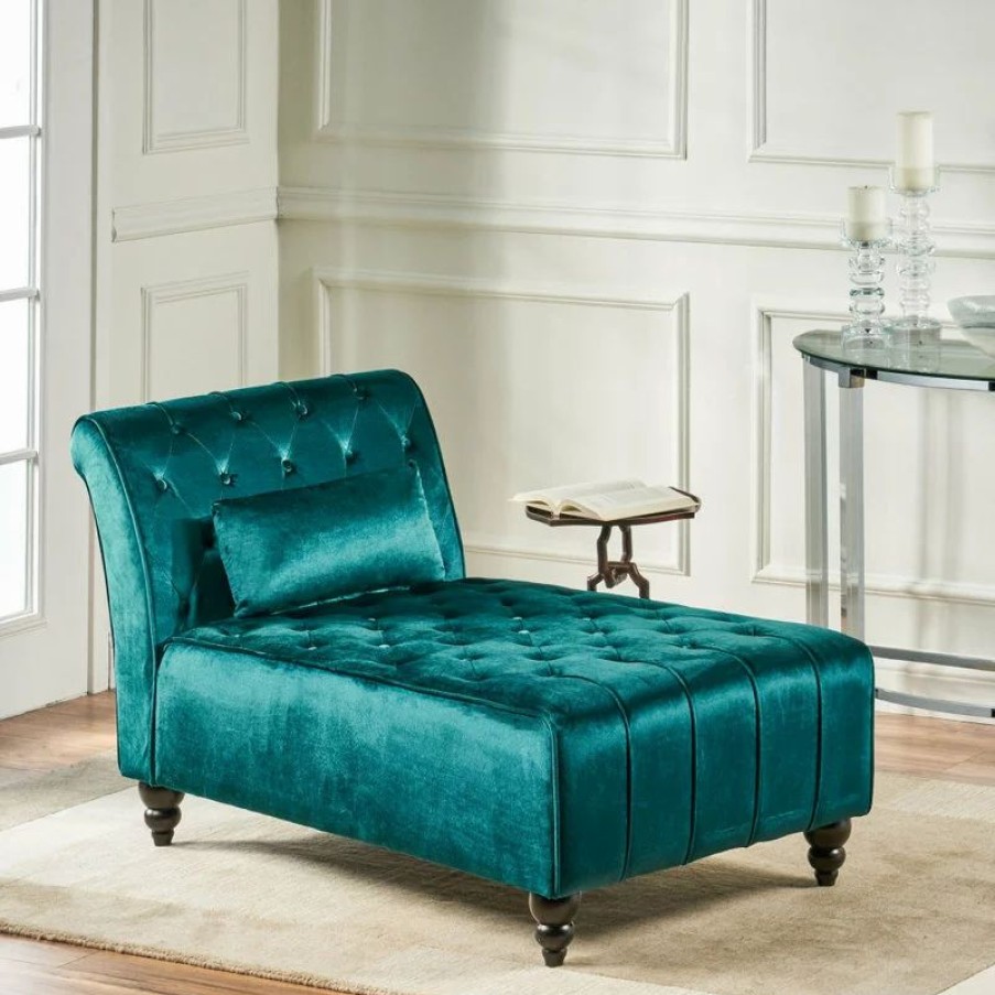 Chairs * | Gdfstudio Gdf Studio Rafaela Tufted New Velvet Chaise Lounge, Teal