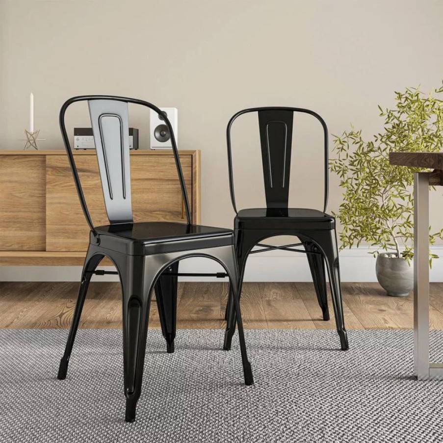 Chairs * | Belleze Trattoria Dining Chair, Metal, Stackable, Set Of 4, Black