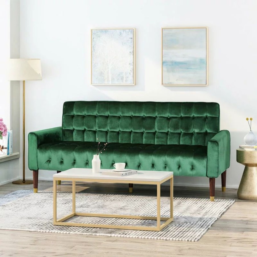 Sofas & Sectionals * | Gdfstudio Adan Tufted Velvet Sofa With Gold Tipped Tapered Legs, Emerald, Gold Finish