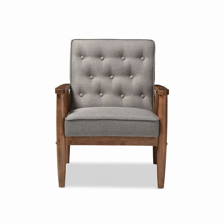 Chairs * | Baxton Studio Sorrento Retro Upholstered Wooden Lounge Chair, Gray Fabric