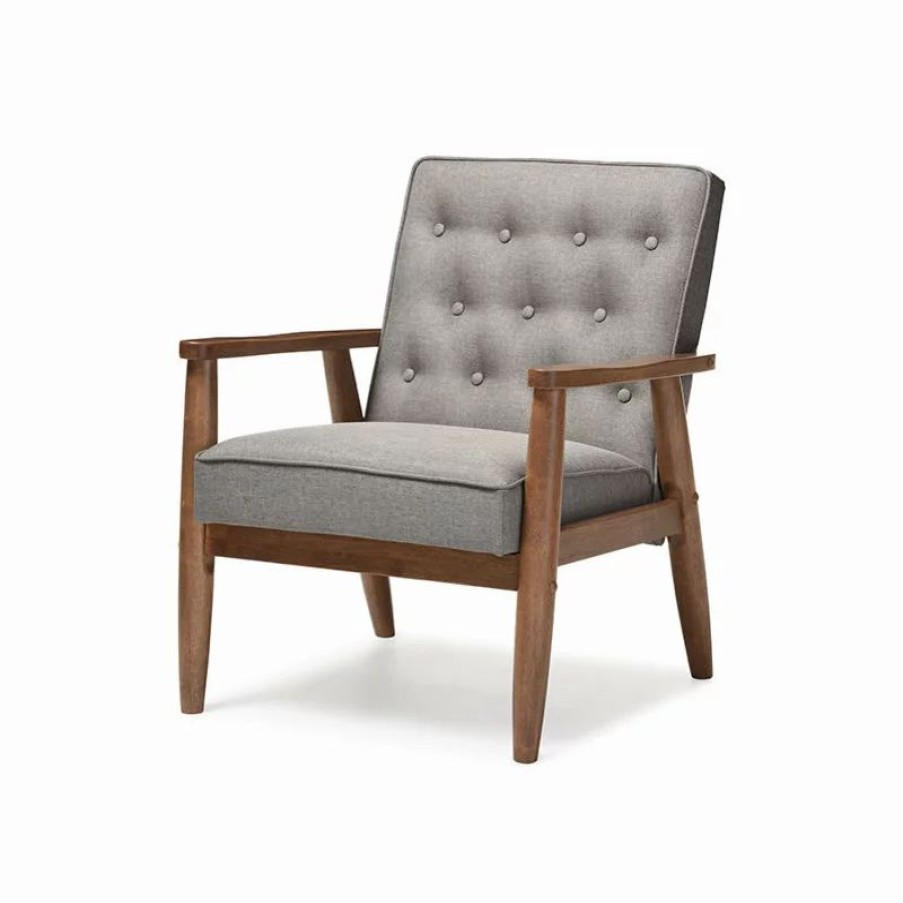 Chairs * | Baxton Studio Sorrento Retro Upholstered Wooden Lounge Chair, Gray Fabric