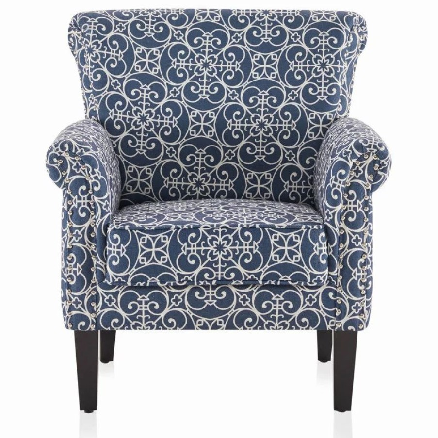 Chairs * | Belleze Arm Fabric Upholstered Chair Nailhead Trim Accent Chair, Navy/ White