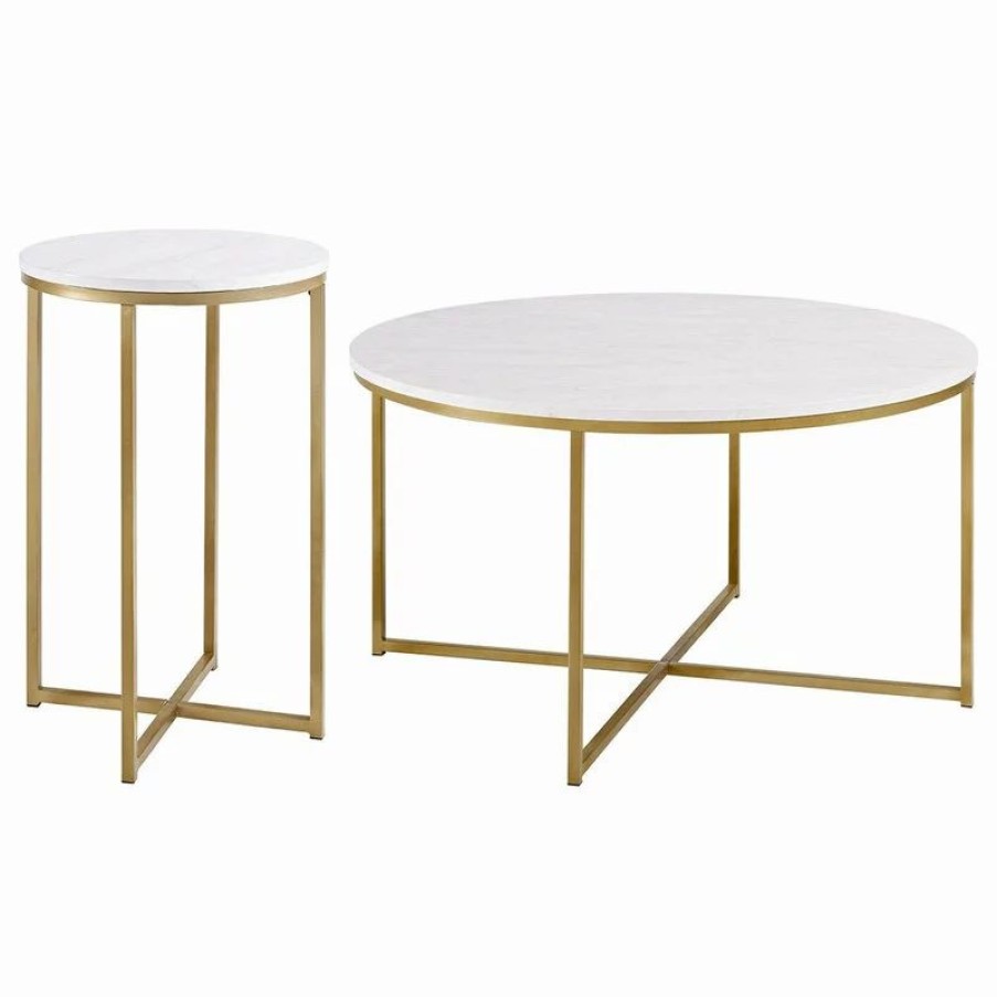 Coffee & Accent Tables * | Walker Edison 2-Piece Round Coffee Table Set, White Faux Marble/Marble/Gold