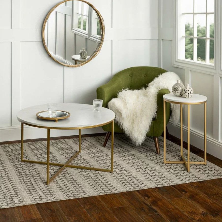 Coffee & Accent Tables * | Walker Edison 2-Piece Round Coffee Table Set, White Faux Marble/Marble/Gold