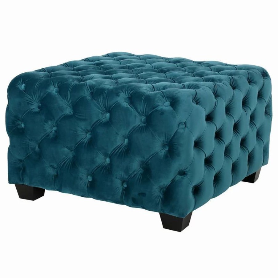 Footstools & Ottomans * | Gdfstudio Gdf Studio Provence Dark Teal Tufted Velvet Fabric Square Ottoman Bench, Dark Te