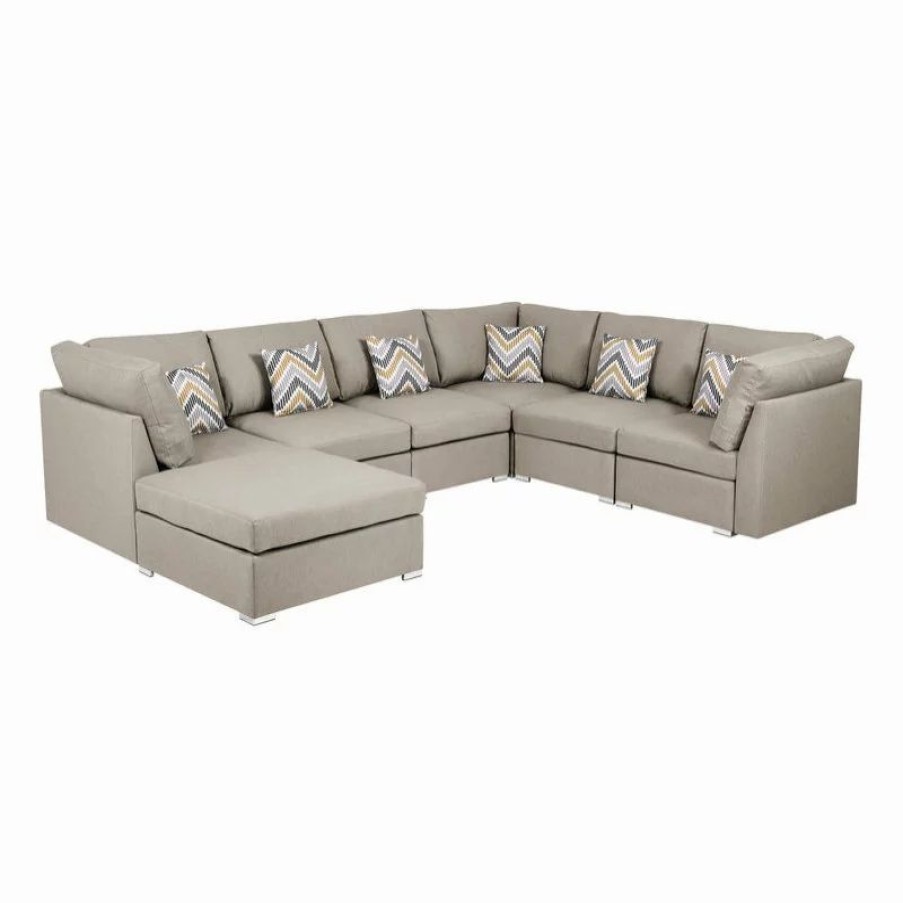 Sofas & Sectionals * | Lilola Home Amira Beige Fabric Reversible Modular Sectional Sofa With Ottoman And Pillows