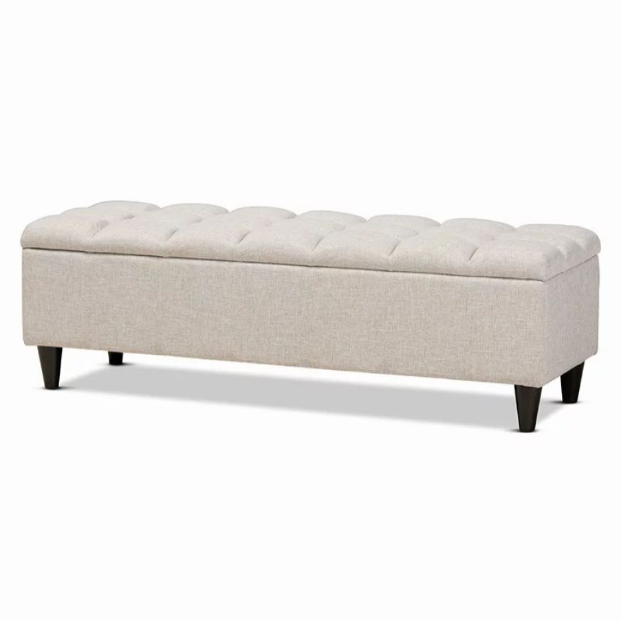 Footstools & Ottomans * | Wholesale Interiors Brette Modern Beige Fabric Upholstered Dark Brown Wood Storage Bench Ottoman