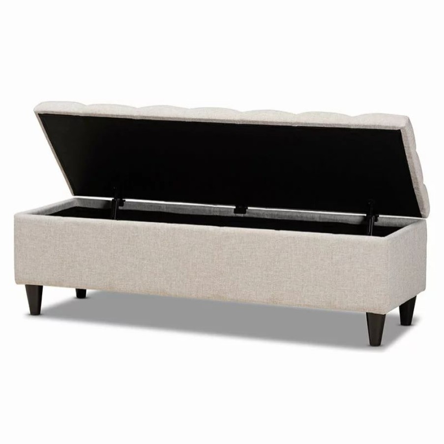 Footstools & Ottomans * | Wholesale Interiors Brette Modern Beige Fabric Upholstered Dark Brown Wood Storage Bench Ottoman