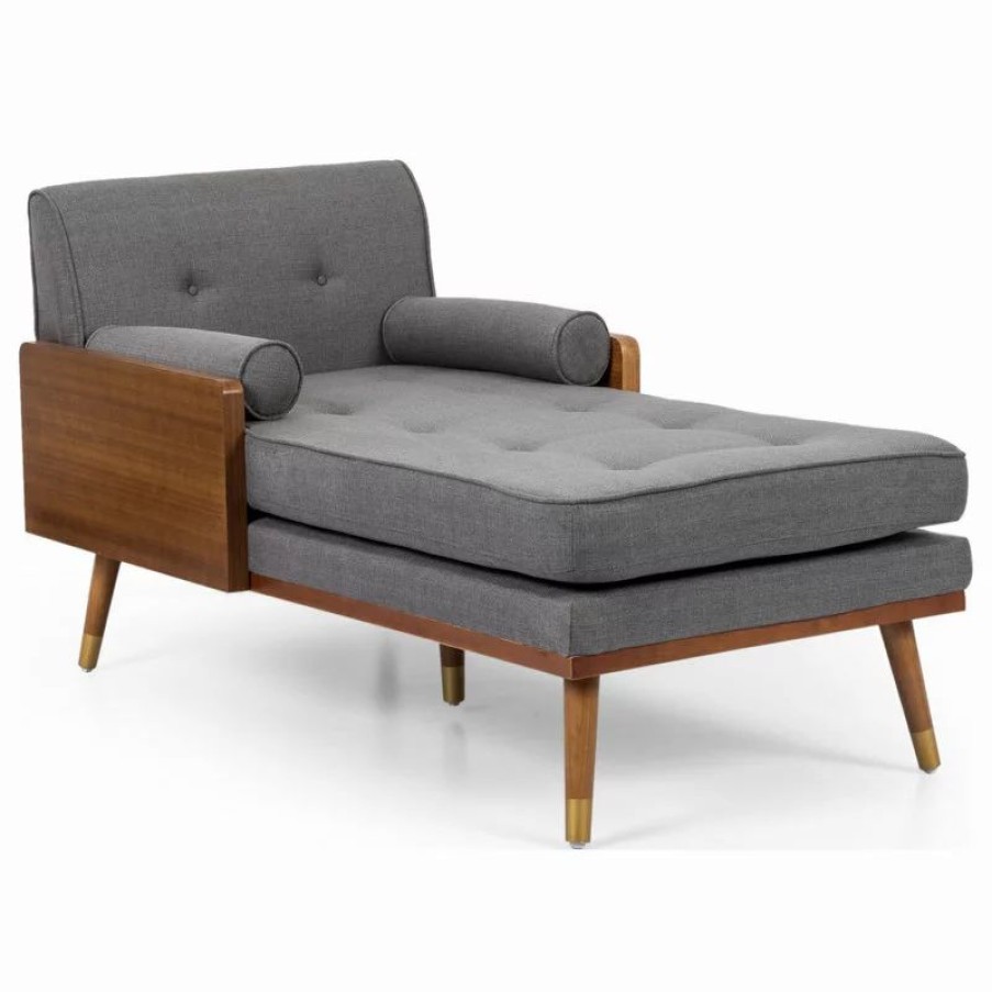 Chairs * | Gdfstudio Miles Fabric Chaise Lounge, Gray And Dark Walnut