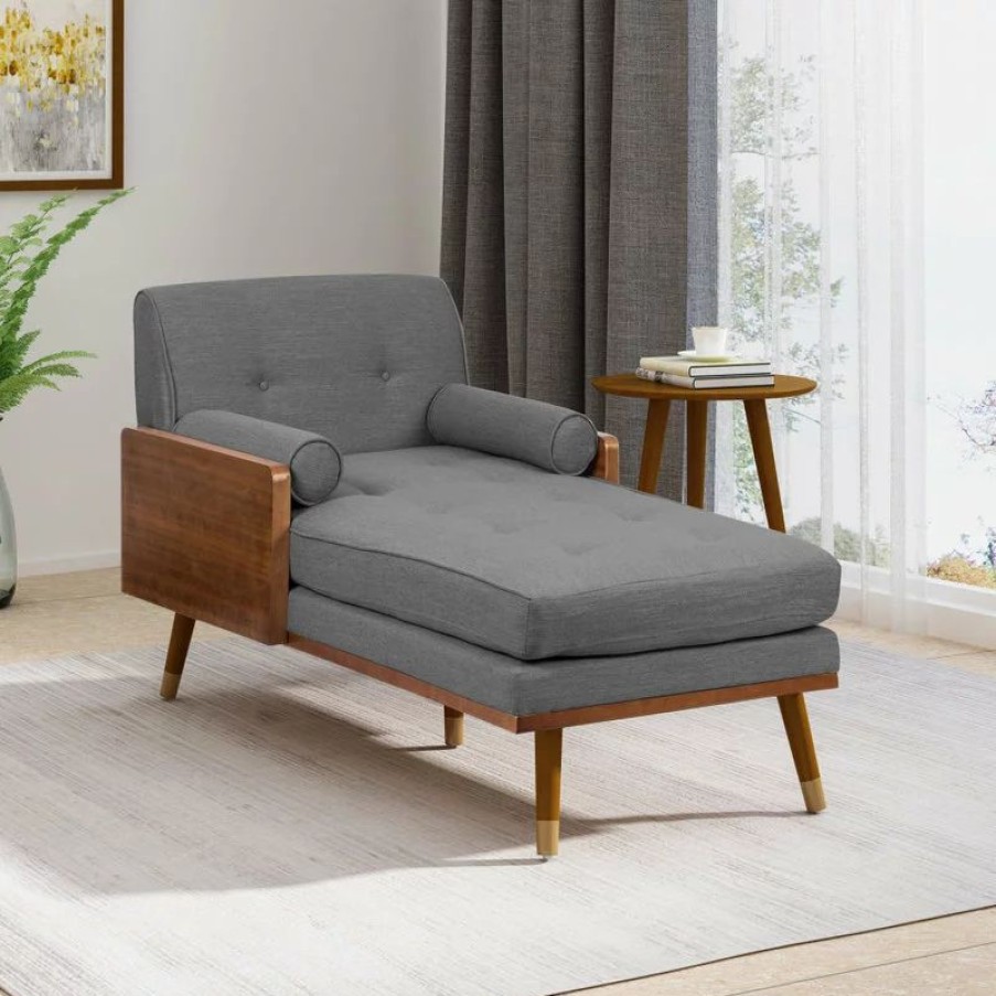 Chairs * | Gdfstudio Miles Fabric Chaise Lounge, Gray And Dark Walnut