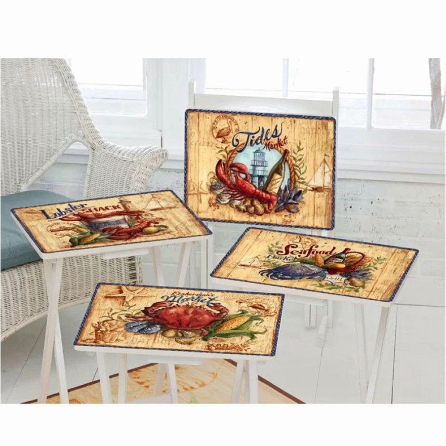 Coffee & Accent Tables * | Cape Craftsmen Seafood Market Tv Trays, Set Of 4 With Stand