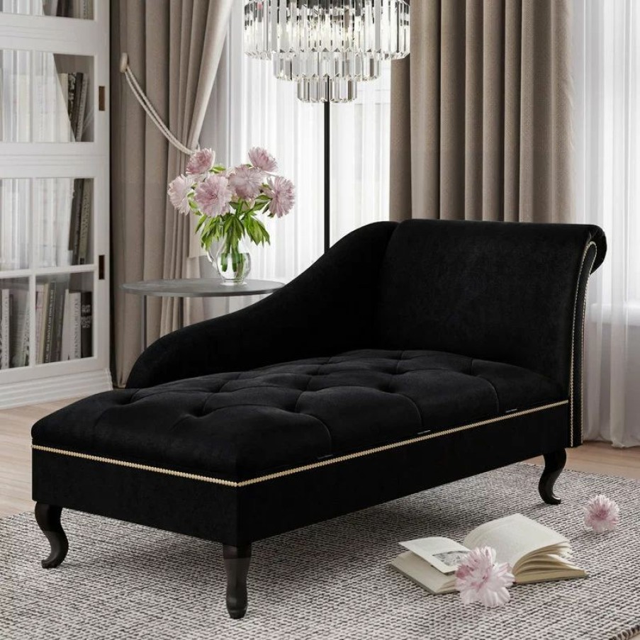 Chairs * | Belleze Nailhead Trim Velveteen Button-Tufted Storage Chaise, Black