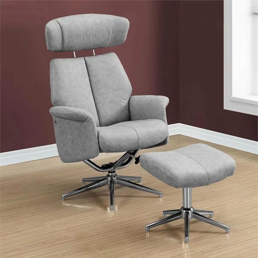 Chairs * | Monarch Accent Chair Set Of 2 Recliner Swivel Ottoman Bedroom Fabric Grey