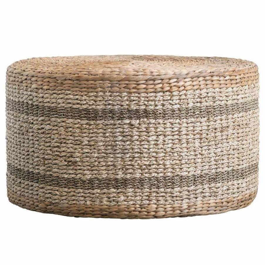 Footstools & Ottomans * | Creative Co-Op Brown Striped Round Water Hyacinth And Seagrass Ottoman/Table