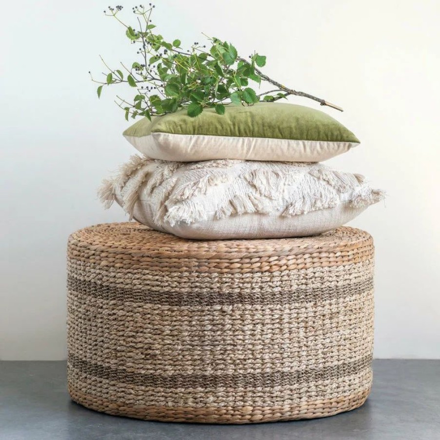 Footstools & Ottomans * | Creative Co-Op Brown Striped Round Water Hyacinth And Seagrass Ottoman/Table