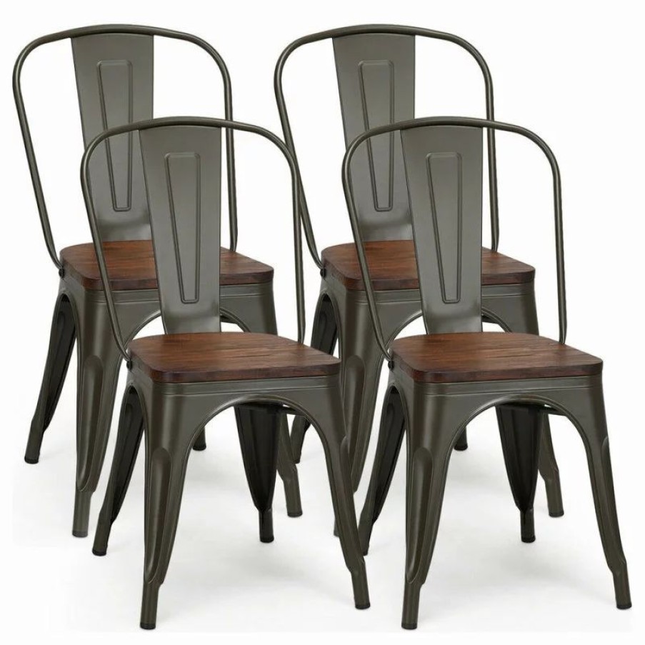 Chairs * | Costway Set Of 4 Style Metal Dining Side Chair Wood Seat Stackable Bistro Cafe