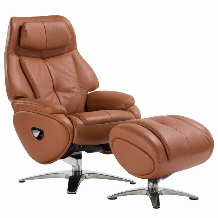 Chairs * | World Source Design Llc Melbourne Top Grain Leather Ergonomic Manual Recliner & Ottoman Set, Tan/Silver