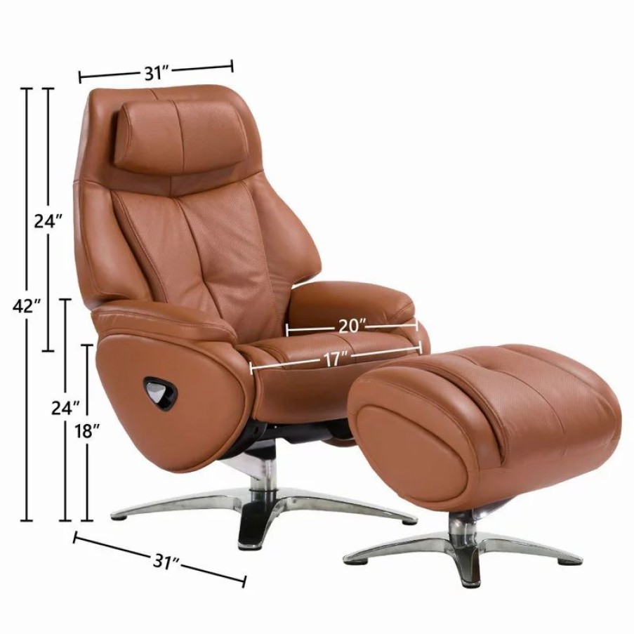 Chairs * | World Source Design Llc Melbourne Top Grain Leather Ergonomic Manual Recliner & Ottoman Set, Tan/Silver