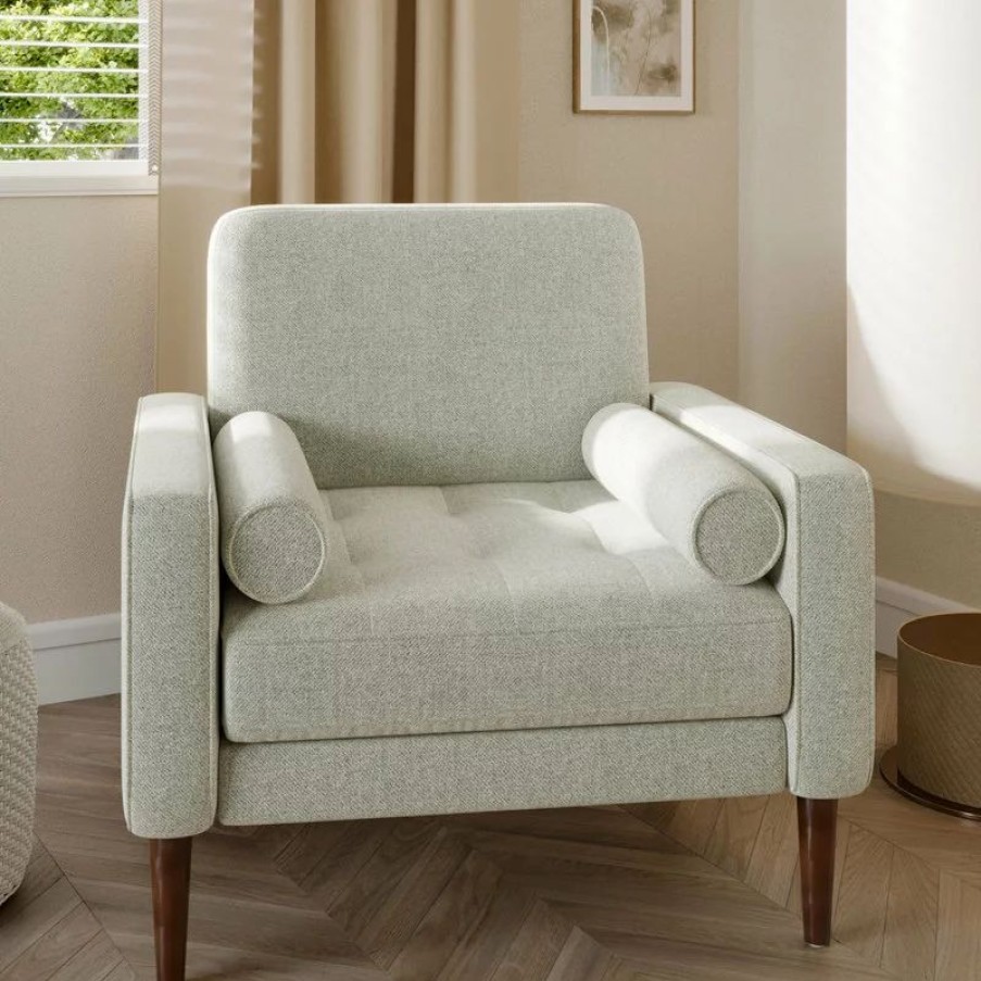 Chairs * | Belleze Erik Accent Chair Tufted Linen With Bolster Pillows, White