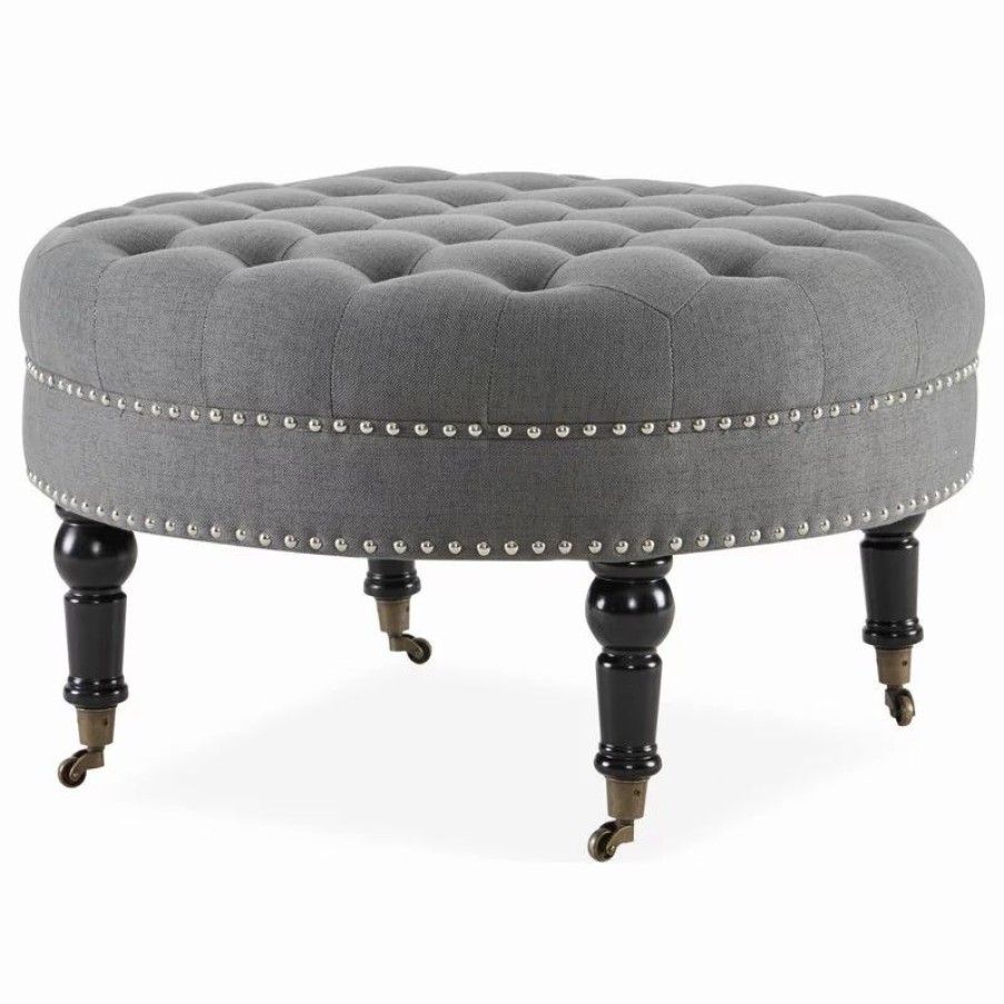 Footstools & Ottomans * | Belleze Round Tufted Linen Ottoman With Caster, 33 , Gray