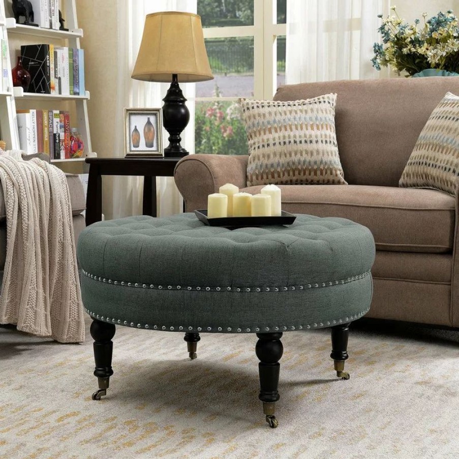 Footstools & Ottomans * | Belleze Round Tufted Linen Ottoman With Caster, 33 , Gray