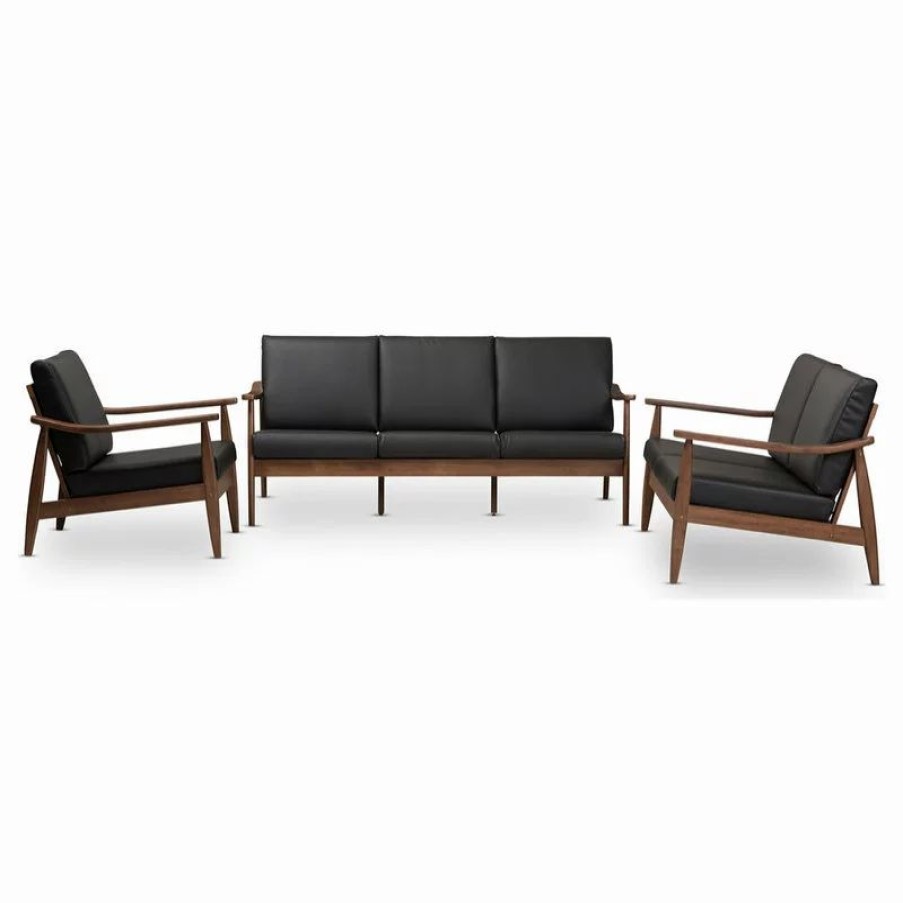 Sofas & Sectionals * | Baxton Studio Venza Mid-Century Modern Walnut Wood Black Faux Leather 3-Piece Living Room Set