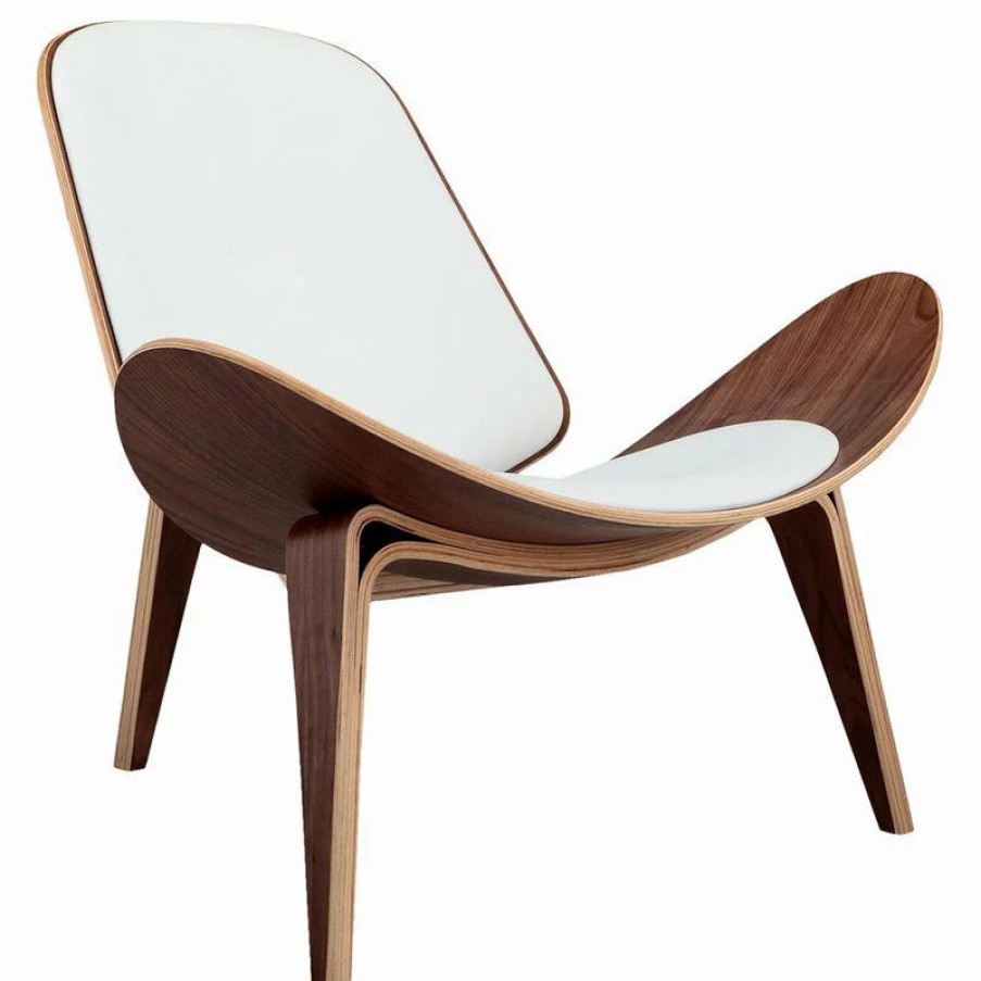 Chairs * | Kardiel Tripod Plywood Modern Lounge Chair, Genuine Italian Leather, Wihte Seat, Walnut