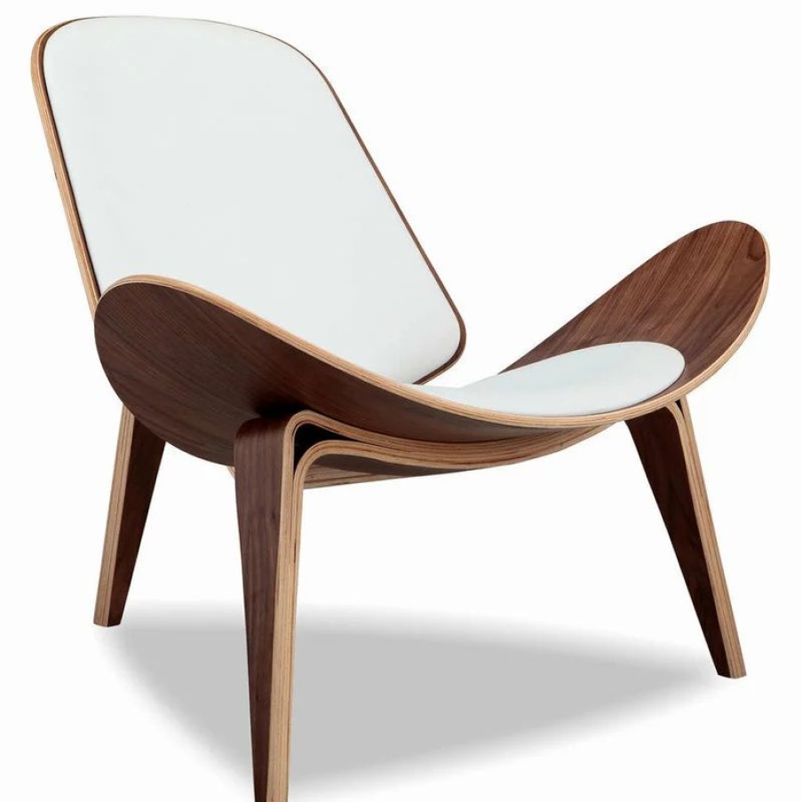 Chairs * | Kardiel Tripod Plywood Modern Lounge Chair, Genuine Italian Leather, Wihte Seat, Walnut