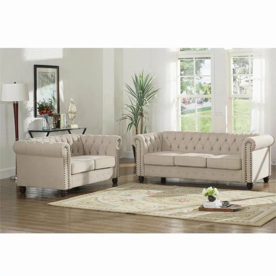 Sofas & Sectionals * | Best Master Furniture Best Master Venice 2-Pc Fabric Upholstered Sofa & Loveseat Set In Beige