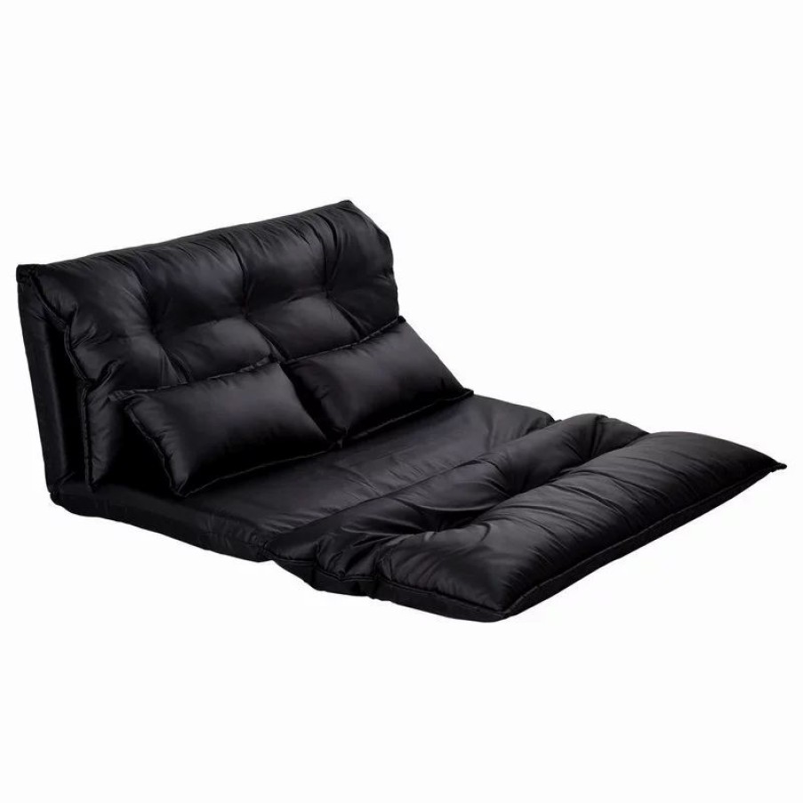 Sofas & Sectionals * | Costway Pu Leather Foldable Modern Floor Sofa Bed Video Gaming 2 Pillows Black