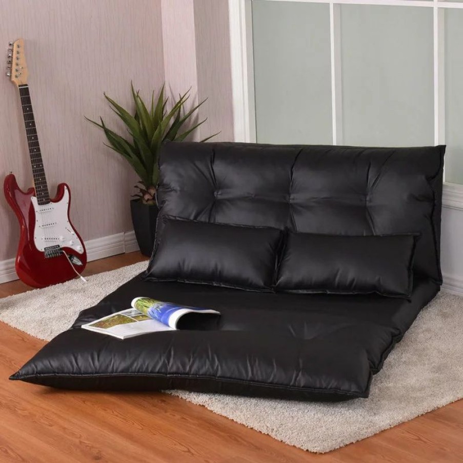 Sofas & Sectionals * | Costway Pu Leather Foldable Modern Floor Sofa Bed Video Gaming 2 Pillows Black