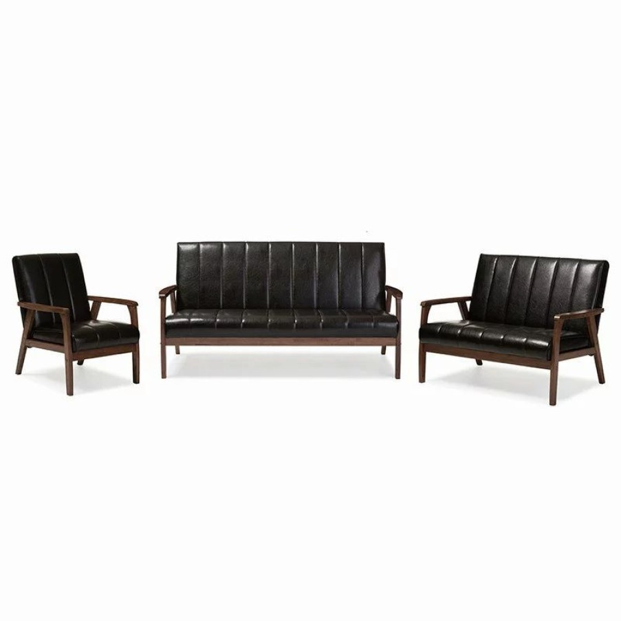 Sofas & Sectionals * | Baxton Studio Nikko Faux Leather 3-Piece Living Room Set, Dark Brown