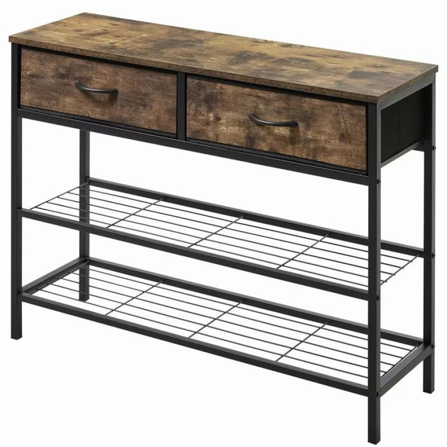 Console Tables * | Anzy Rectangular 3-Tier Console Entryway Table With 2 Fabric Drawers, Rustic Brown