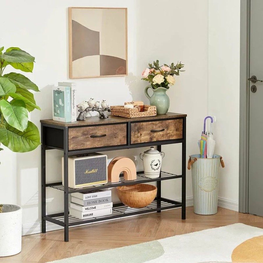 Console Tables * | Anzy Rectangular 3-Tier Console Entryway Table With 2 Fabric Drawers, Rustic Brown