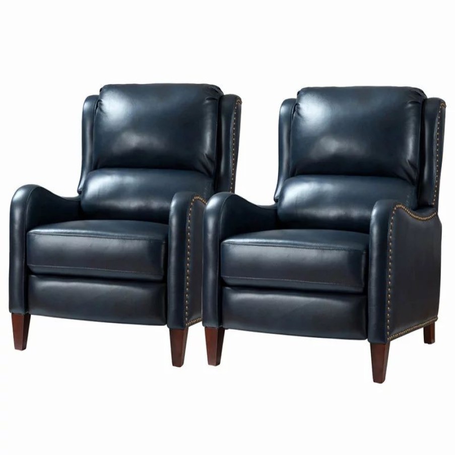 Chairs * | Karat Home Genuine Leather Recliner With Nailhead Trim Set Of 2, Navy