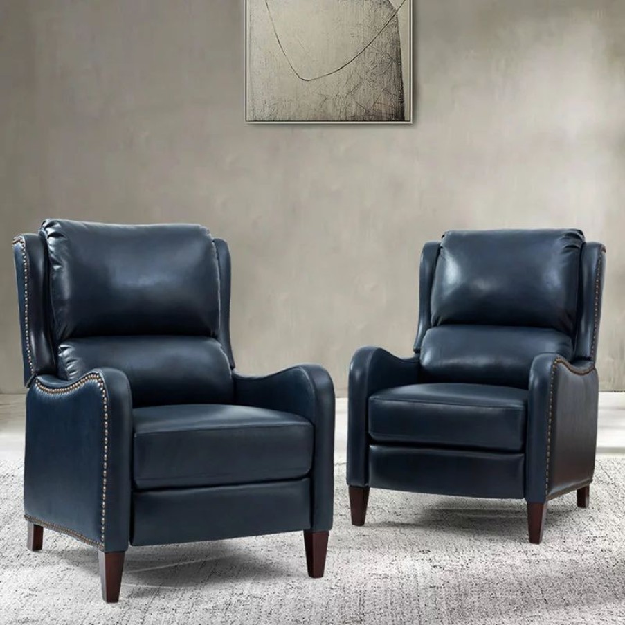 Chairs * | Karat Home Genuine Leather Recliner With Nailhead Trim Set Of 2, Navy