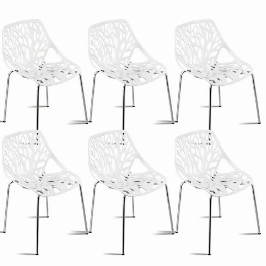 Chairs * | Costway Set Of 6 Birch Sapling Plastic Dining Chairs Stackable Armless White