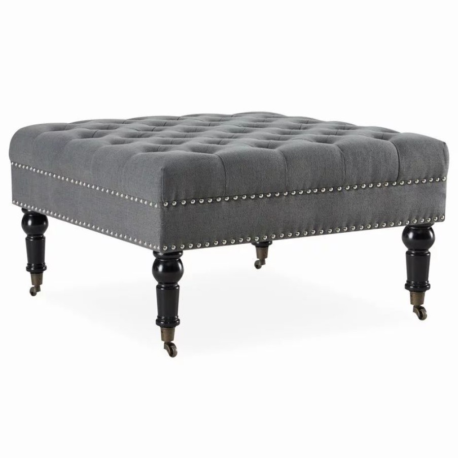 Footstools & Ottomans * | Belleze Button Tufted Square Ottoman Bench With Rolling Wheels Nailhead Trim, Gray