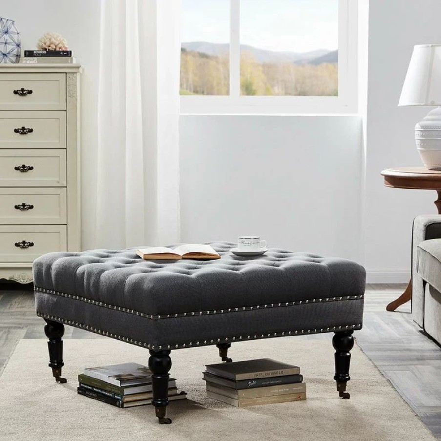 Footstools & Ottomans * | Belleze Button Tufted Square Ottoman Bench With Rolling Wheels Nailhead Trim, Gray