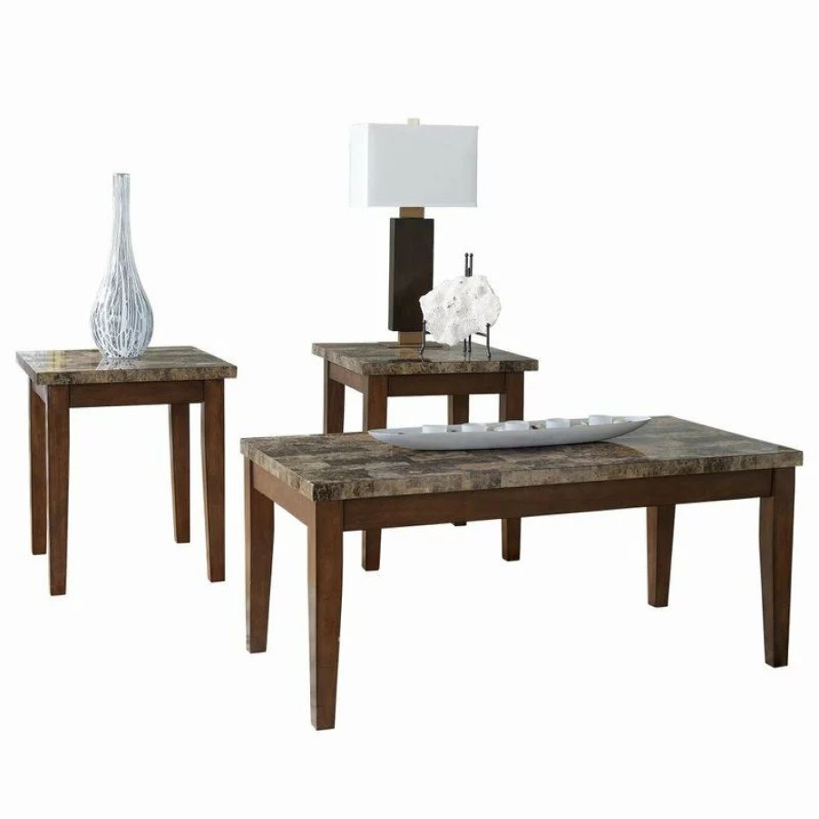 Coffee & Accent Tables * | Ashley Furniture Industries Theo Table Set, Coffee Table And 2 End Tables, Warm Brown