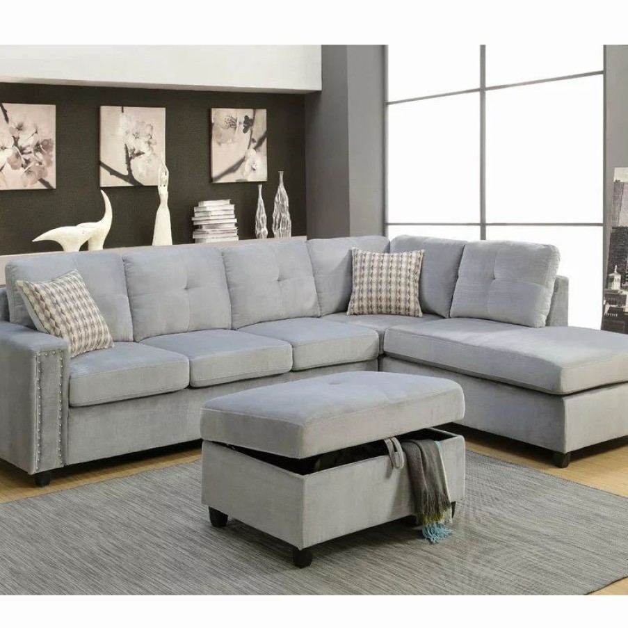 Sofas & Sectionals * | Acme Furniture Acme Belville Velvet Sectional With Pillow In Gray