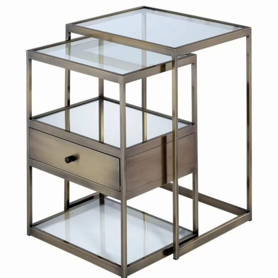 Coffee & Accent Tables * | Acme Furniture Acme Enca 2 Pieces Nesting Table In Clear Glass And Antique Brass