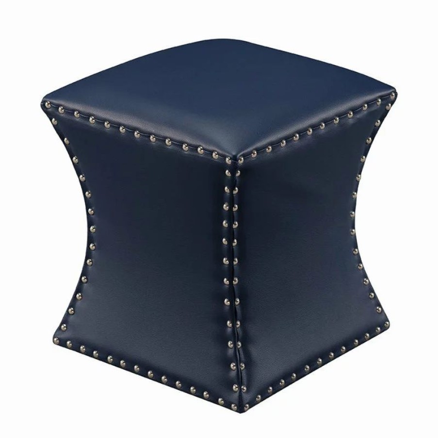 Footstools & Ottomans * | Pilaster Designs Rylen Nailhead Trim Upholstered Square Stool Ottoman, Blue