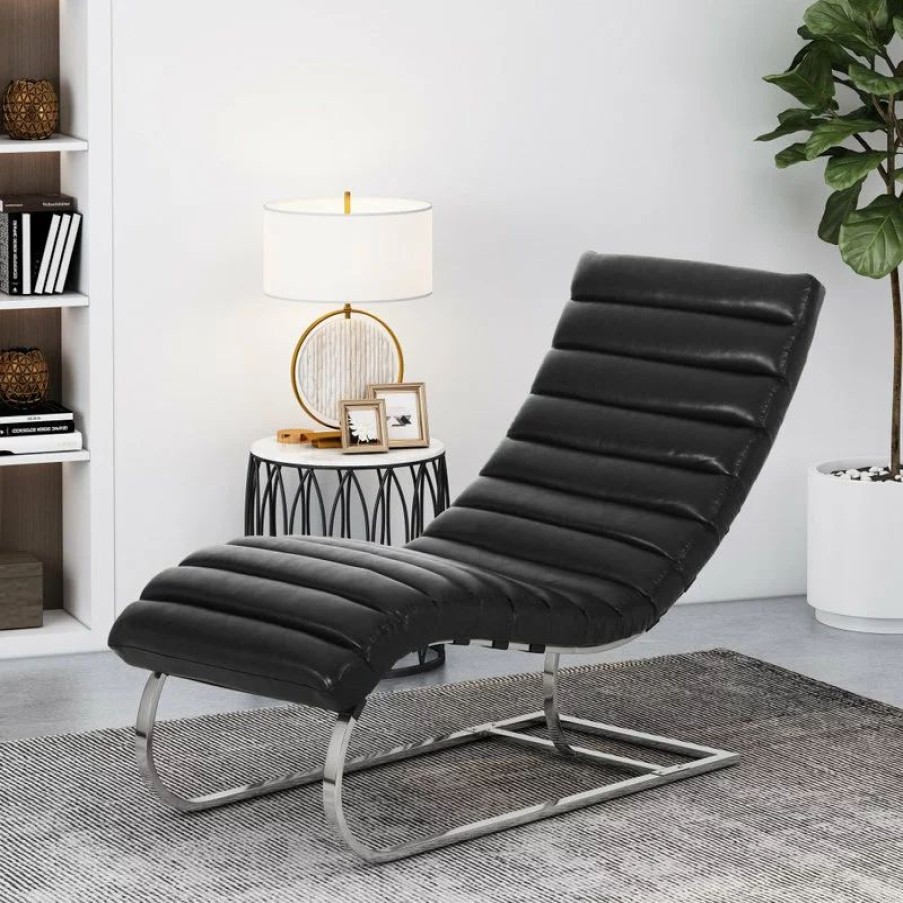 Chairs * | Gdfstudio Pearsall Modern Channel Stitch Chaise Lounge, Midnight Black/Silver