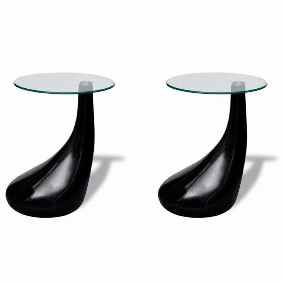 Coffee & Accent Tables * | Vida Xl International B.V. Vidaxl Set Of 2 Side Coffee End Table High Gloss Black Base Tempered Glass Top