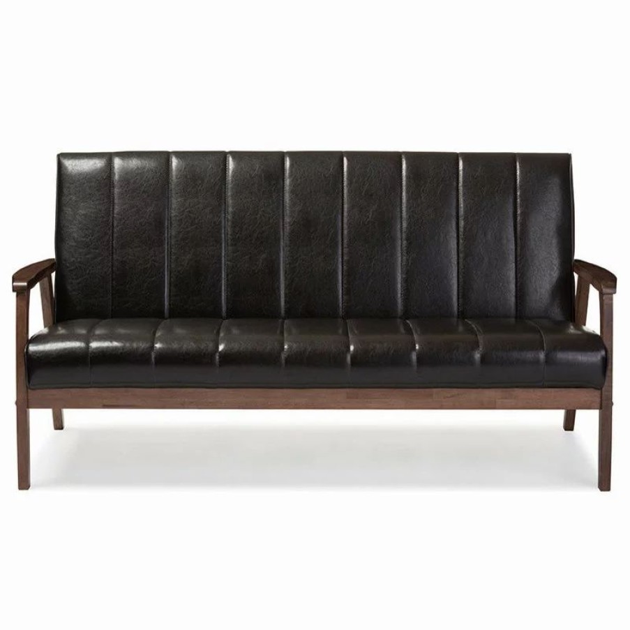 Sofas & Sectionals * | Baxton Studio Nikko Faux Leather Wooden 3-Seater Sofa, Dark Brown