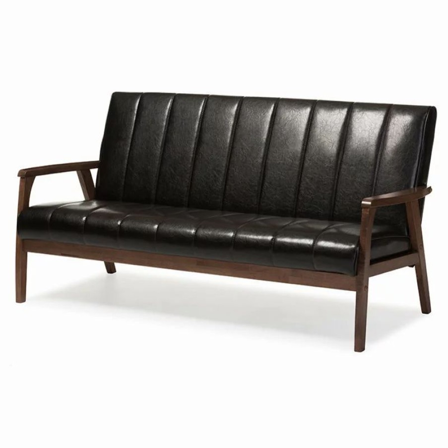 Sofas & Sectionals * | Baxton Studio Nikko Faux Leather Wooden 3-Seater Sofa, Dark Brown