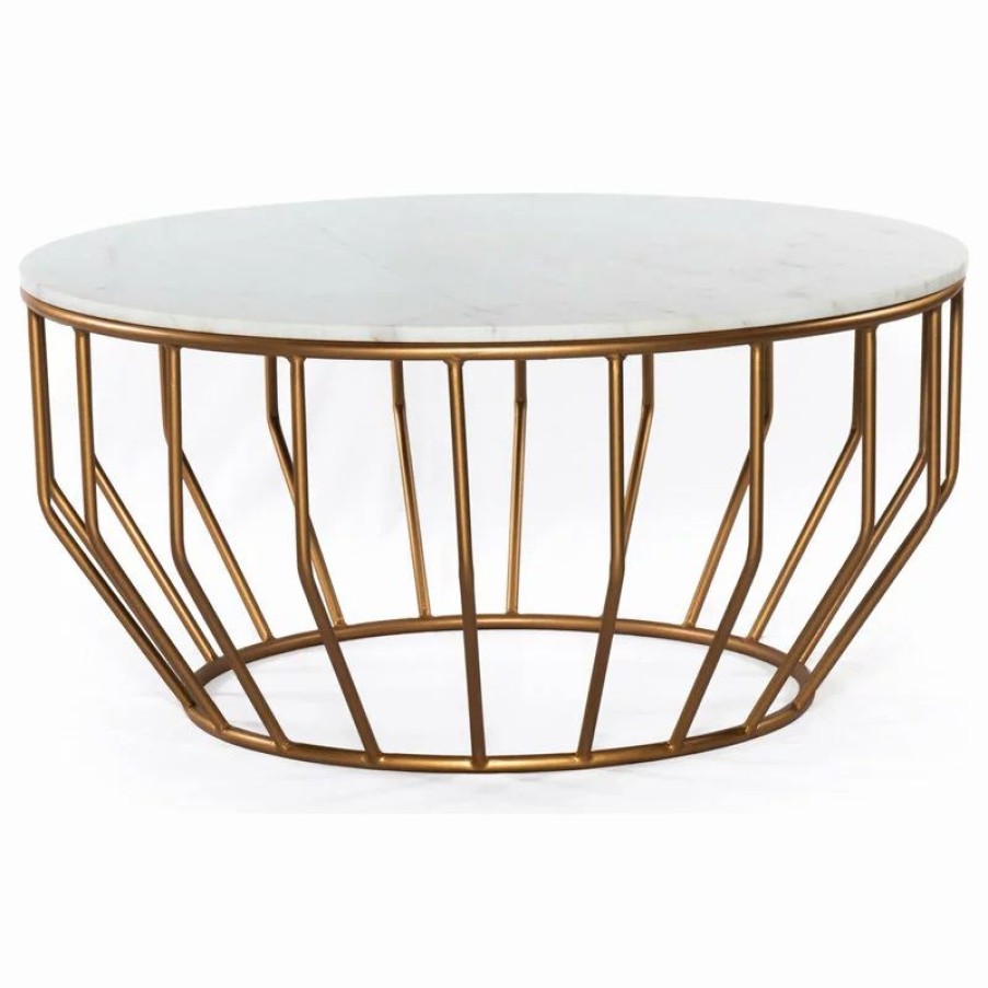 Coffee & Accent Tables * | Mod-Arte Gold Leaf Round Coffee Table, Marble White